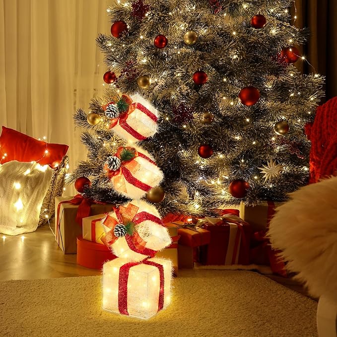Christmas Lighted Gift Boxes Decorations Set of 4, 3.6Ft Stackable Christmas Nesting Boxes Battery Operated for Home and Party Decoration (10"-8"-6"-5", Red Bow)