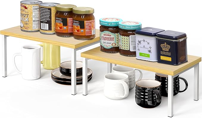 Simple Houseware Wooden Top Expandable Stackable Kitchen Cabinet and Counter Shelf Organizer, Oak