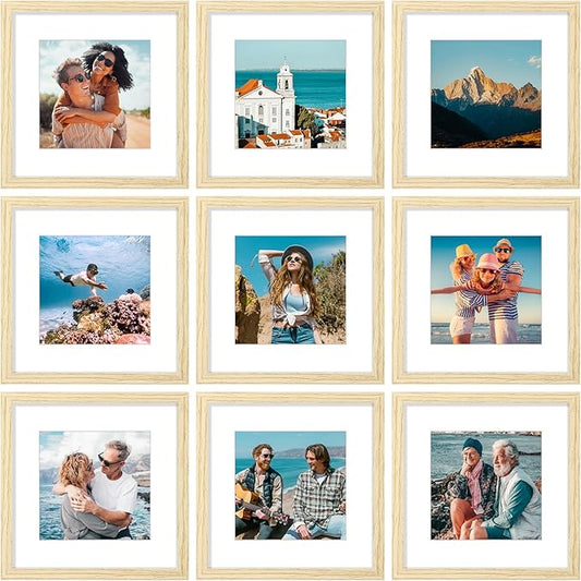 Vittanly 12x12 Picture Frames Set of 9, Shatter Resistant Plexiglass, Display 8x8 Pictures with Mat or 12x12 without Mat, Photo Frames for Wall Mount, Engineered Wood, OAK