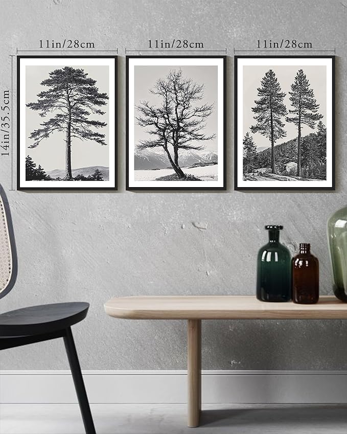 KUVIOKE Vintage Black Gray Forest Wall Art Framed Antique Retro Tree Prints Modern Rustic Artwork Bedroom Living Room Ready to Hang 11x14in (Black Framed)