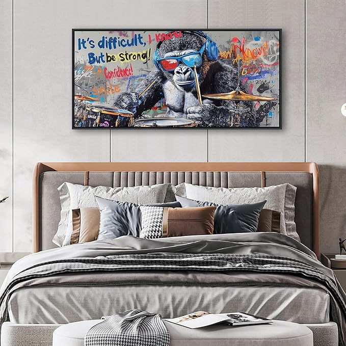 QZQCBLC Large Canvas Wall Art - Abstract Graffiti Gorillas Playing Drums Street Paintings Artwork Black White Pictures for Living room Bedroom Bar Men's Teenager Game Room Home Decor 24X48