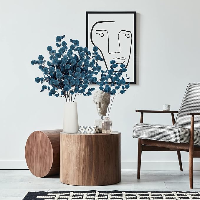 Sggvecsy 6 Pcs Eucalyptus Leaves Artificial Eucalyptus Stems Long Silver Dollar Leaves Faux Leaf Branches Fake Silk Eucalyptus for Spring Summer Home Festival Thanksgiving Christmas Decor (Blue)