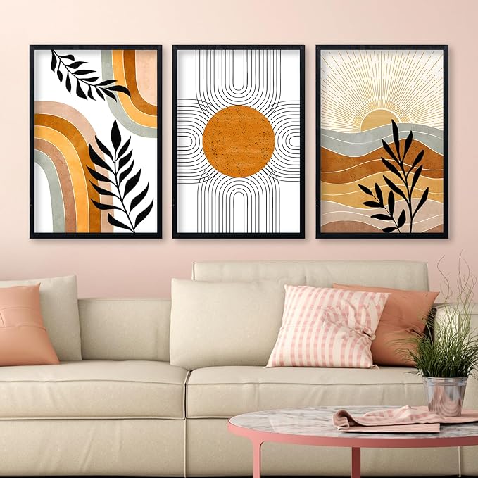 Geometric Sun Desert Plant Wall Art 16"x11" Set Of 3 Boho Wooden Framed Abstract Minimalist Sign Living Room Aesthetics Botanical Nature Illustrations Bedroom Office Wall Hanging Decor (Black)