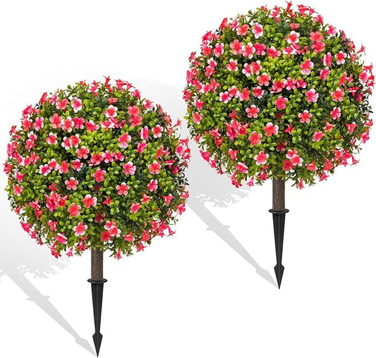 Artificial Pink Topiary Ball Trees with Ground Spike Set of 2, Faux Boxwoods for Outdoor Planters, UV Resistant Artificial Outdoor Plants for Porch, Fake Bushes Round Flower Shrub with Lilac