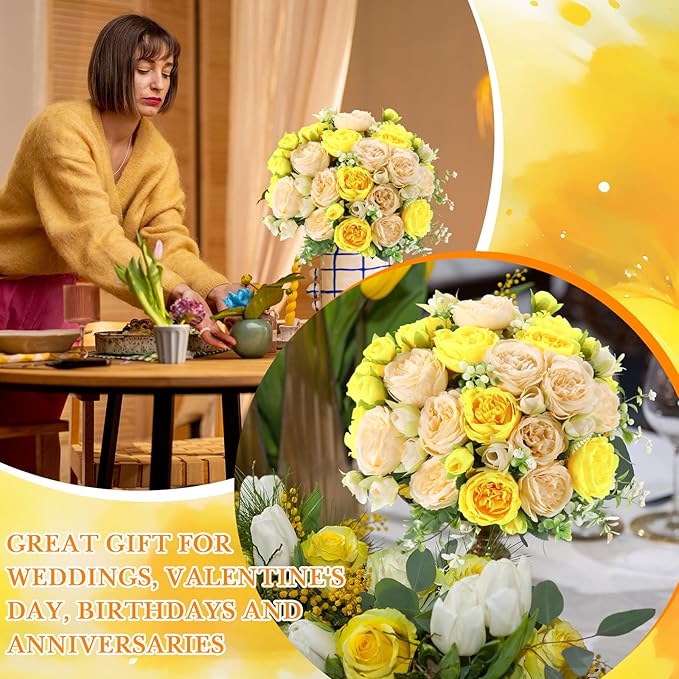 Geosar 16 Bundles Artificial Peonies Flowers Fake Silk Peony Bouquet Faux Peonies Flowers Bulk for Decoration Vase Florals Arrangements Wedding Party Table (Yellow,Champagne)