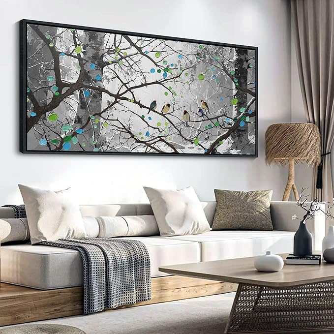YCPRIMER Grey Wall Art Bird on Branch Misty Forest Canvas Artwork Modern Framed Canvas Painting Decorative Wall Art Home Decor Can Be Hung Directly Dining Room Living Room Bedroom Office Size 70x31 Inches