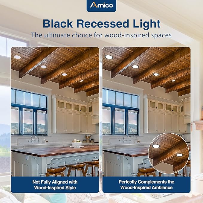 Amico 24 Pack 6 Inch Black 5CCT Ultra-Thin LED Recessed Ceiling Light with J-Box, 2700K/3000K/3500K/4000K/5000K Selectable, 12W Eqv 110W, Dimmable Canless Downlight, 1050LM High Brightness, ETL, FCC