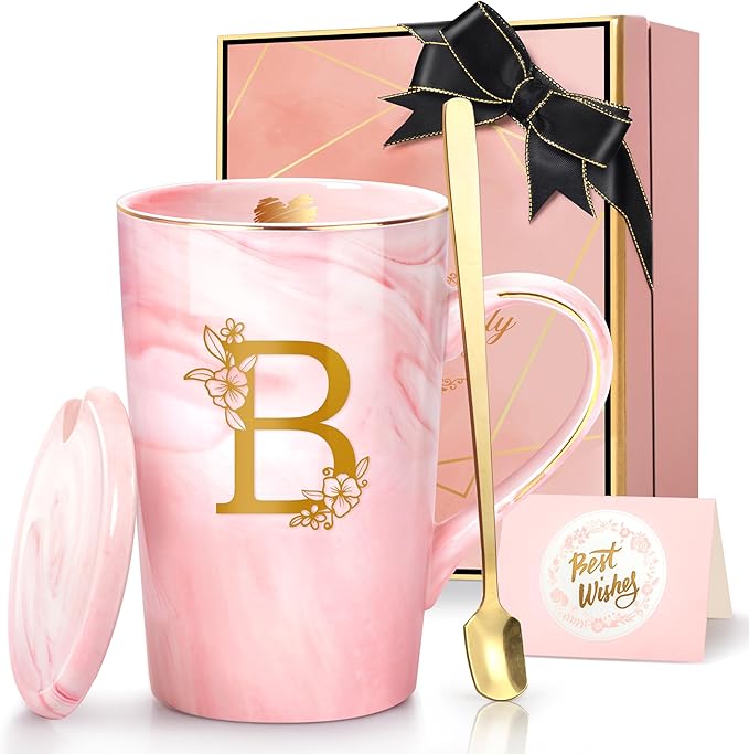 Personalized Ceramic Coffee Mug Gifts for Women, 14 Oz Pink Initial Customized Cool Marble Ceramic Mug, Birthday Christmas Mother's Day Gifts for Her Wife Mom Grandma Friend Sister Unique,B