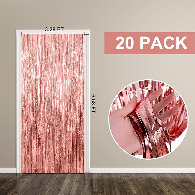 20 Pack Foil Curtain Backdrop Rose Gold Metallic Tinsel Foil Fringe Curtains Photo Booth Props for Birthday Wedding Engagement Baby Shower Bachelorette Christmas Holiday Celebration Party Decorations