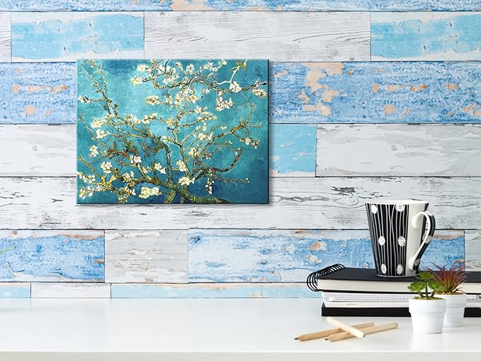 Wieco Art Almond Blossom Modern Framed Floral Giclee Canvas Prints By Van Gogh Famous Oil Paintings Reproduction Flowers Pictures on Canvas Wall Art Ready to Hang for Bedroom Home Decorations