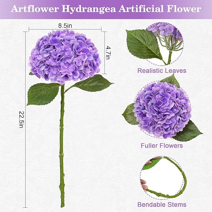 Artflower 4Pcs Real Touch Hydrangea Artificial Flowers, 22.5'' Purple Full Latex Faux Hydrangea Flowers for Home Floral Arrangements Wedding Bouquets Kitchen Table Centerpiece Decorations