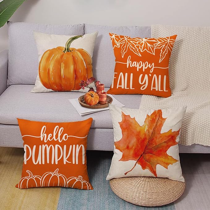 Happy Fall Y'all Decorative Throw Pillow Covers 18 x 18 Set of 4, Autumn Hello Pumpkin Maple Leaves Porch Outdoor Home Decor, Orange Seasonal Sofa Couch Cushion Case