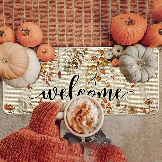 ORTIGIA Welcome Fall Doormat Eucalyptus Leaves Sunflowers Door Mats Indoor Outdoor Patio Non-Slip Durable Entrance Floor Mat for Farmhouse Home Entrance, Outside, Yard, Patio 17x36 Inch