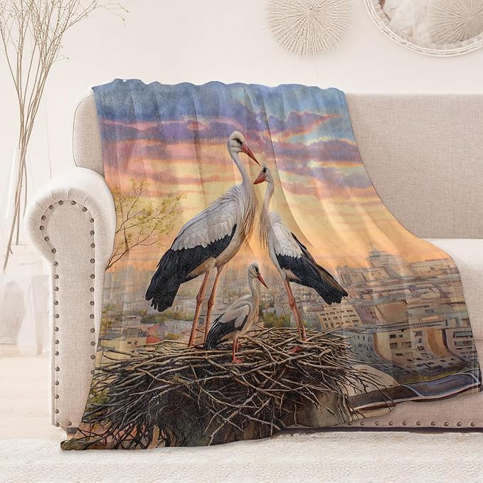 Stork Bird Family Blanket, Cozy Flannel Sunset Urban View Throw Blanket, Soft Fuzzy Blankets for Travel Home Decor, All Season Lightweight Couch Bed Cover, Gifts for Women Adults Kids 60"×80"