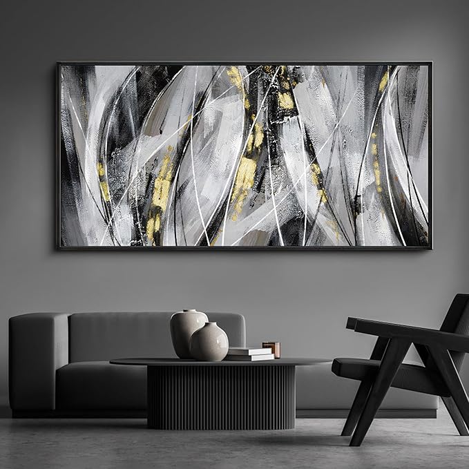 KLAKLA Abstract Frame Wall Art - Black and White Picture for Living Room Black and Gold Framed Artwork Canvas Art Work for Office Home Decor Bedroom Wall Decoration - 58x29 Inches
