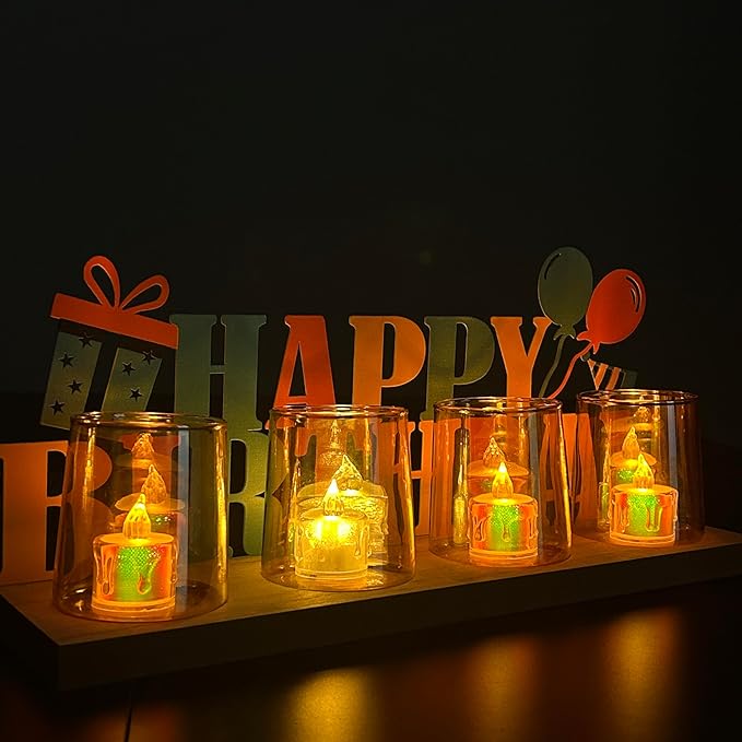 Happy Birthday Candle Holder Set, Tealight Votive Candle Holder Table Decor, 1 Happy Birthday Metal Sign & 1 Wooden Base Candle Tiered Tray, Table Centerpieces for Birthday Party Home Indoor Table