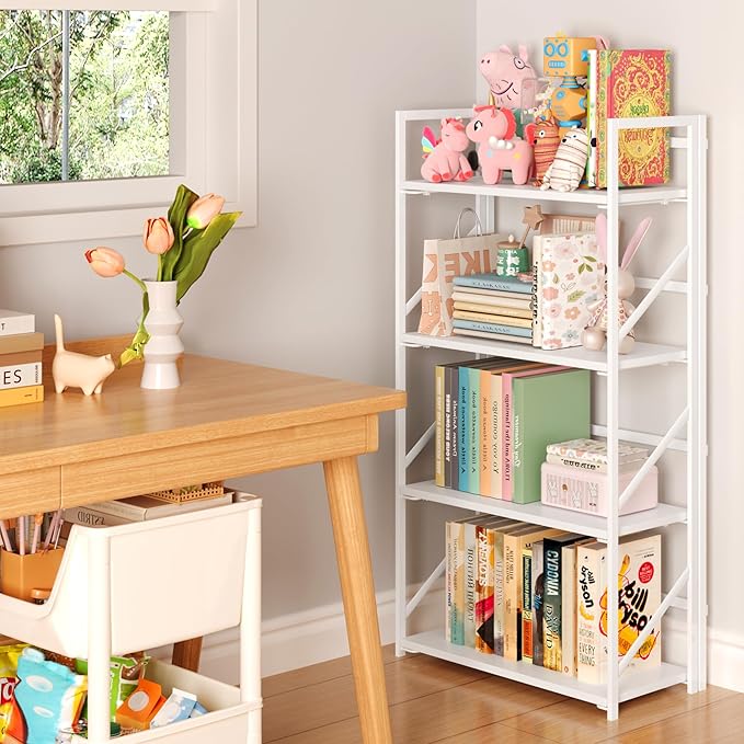 JSB No Assembly Folding Bookshelf, 4 Tier Industrial Metal Book Shelf for Storage, Vintage Wood Foldable Bookcase for Living Room, Bedroom, Office Organization Shelves