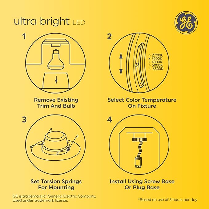 GE Ultra Bright LED Recessed Downlight Fixture, RS6 Indoor Floodlight, 6-Inch, Multiple Color Temperatures, 150 Watt Replacement (4 Pack)