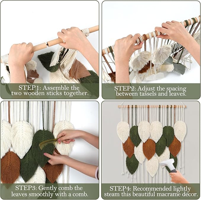 KHOYIME Macrame Wall Hanging Boho Woven Tapestry, Chic Home Decor Modern Bohemian Handmade Leaf Feather Wall Art Decorations for Apartment Dorm Living Room Bedroom Nursery Backdrop 23.6" W X 29.5" L