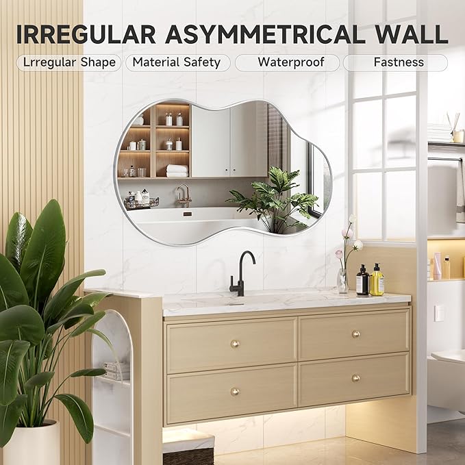 Hasipu Irregular Wall Mirror - 20"x35" Silver Irregular Abstract Mirror for Wall Asymmetrical Wall Mirrors Decorative Modern for Living Room Bathroom,Bedroom,Hallway