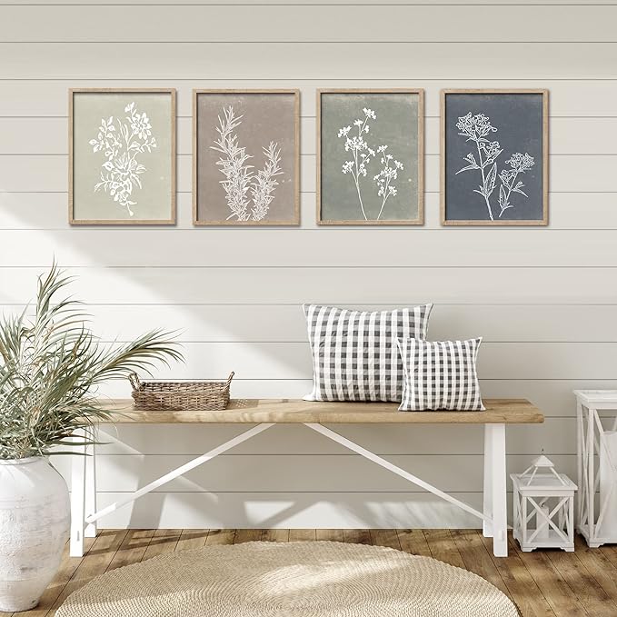 Framed Boho Wall Art Set of 4 for Wooded Minimalist Botanical Print Wall Art for Rustic Vintage Farmhouse Home Kitchen Wall Decor (Brown, 16"x20")