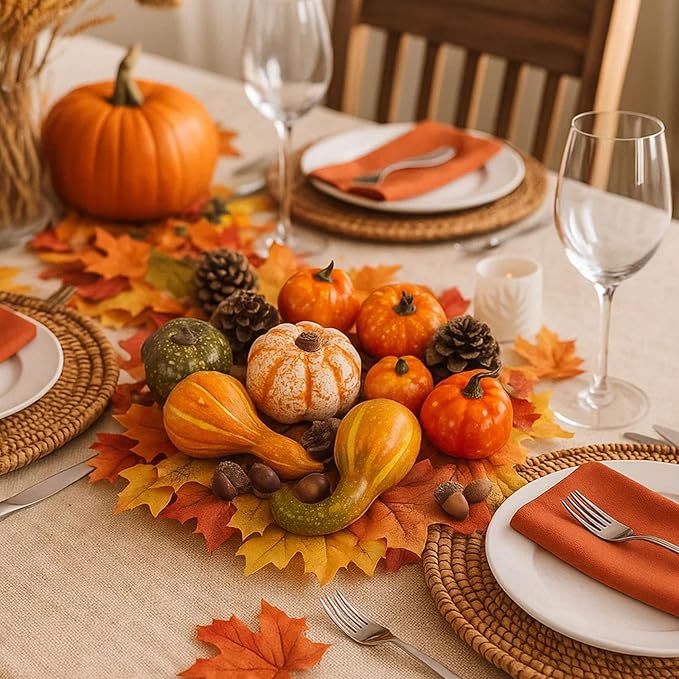 DomeStar Pumpkins for Decorating- 8 Assorted Mini Fake Pumpkins, 30pcs Autumn Leaves, 10pcs Acorns, 2pcs Pine Cones for Thanksgiving Harvest Decor, Halloween, Fall Baby Shower & Table Centerpieces