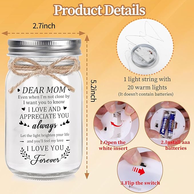 JoycuFF Gifts for Mom, Mom Birthday Gifts, Mothers Day Gift, Christmas Gift for Mama, Mason Jar Light for Mother