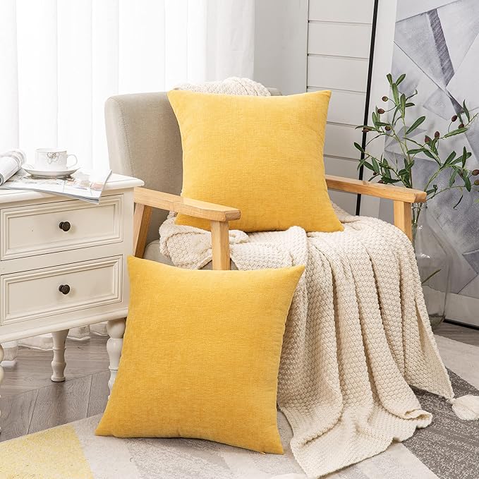 GAWAMAY Decorative Square Throw Pillow Covers 18"x18" Inch Set of 2, Super Soft Chenille Pillows Farmhouse Fall Pillowcase for Living Room Bedroom Sofa Couch Cushion Cover Mustard Yellow 45x45cm