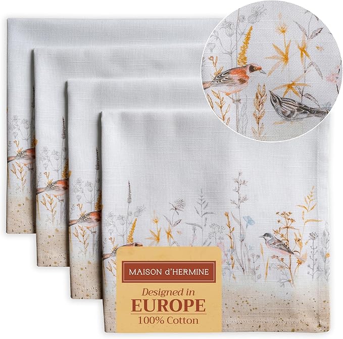 Maison d' Hermine Cloth Napkins Set of 4 100% Cotton Everyday Reusable Square Napkins Cloth Washable, Dinner, Party, Wedding, Restaurant, Spring/Summer (Meadow Florals - Beige, 20" x 20")
