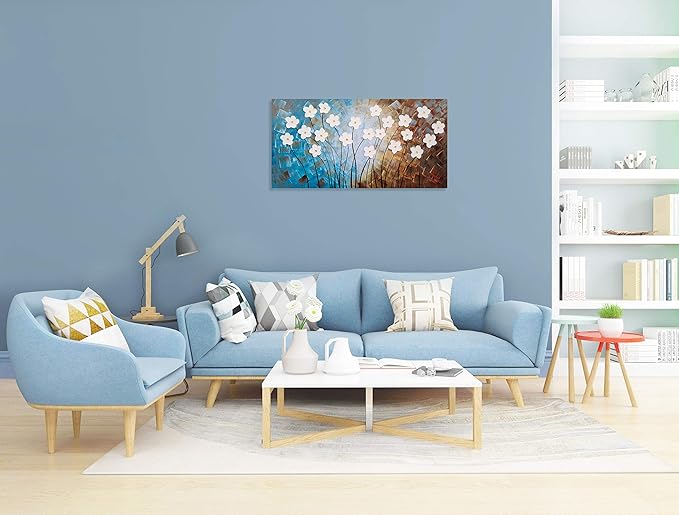 Yihui Arts Flower Painting Hand Painted 3D Brown Light Blue White Canvas Wall Art Giant Contemporary Plant Pictures for Bedroom Living Room Dinning Decoration