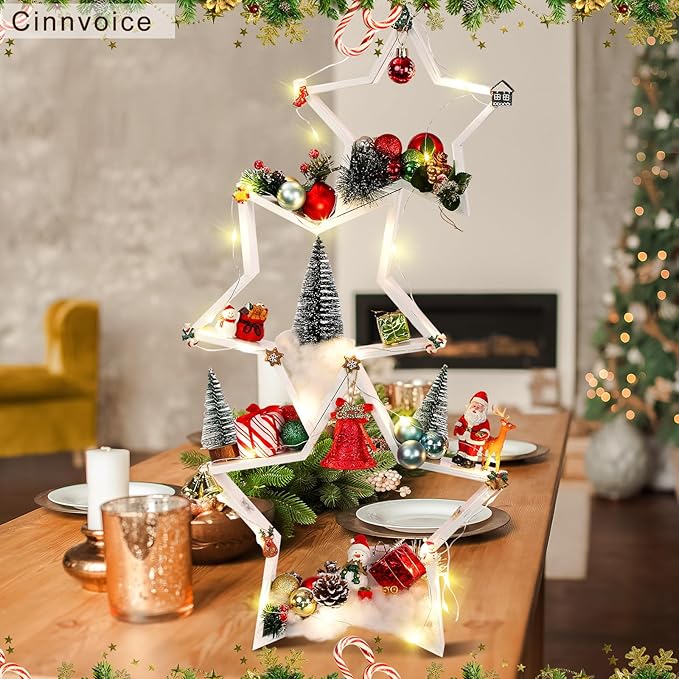 3 Pcs Christmas Wooden Table Decoration Centerpiece Sign Crafts for Farmhouse Desk Coffee Tabletop Fireplace Mantle Bookshelf Tiered Tray Shelf Accents Rustic DIY Ornament(White,Star)
