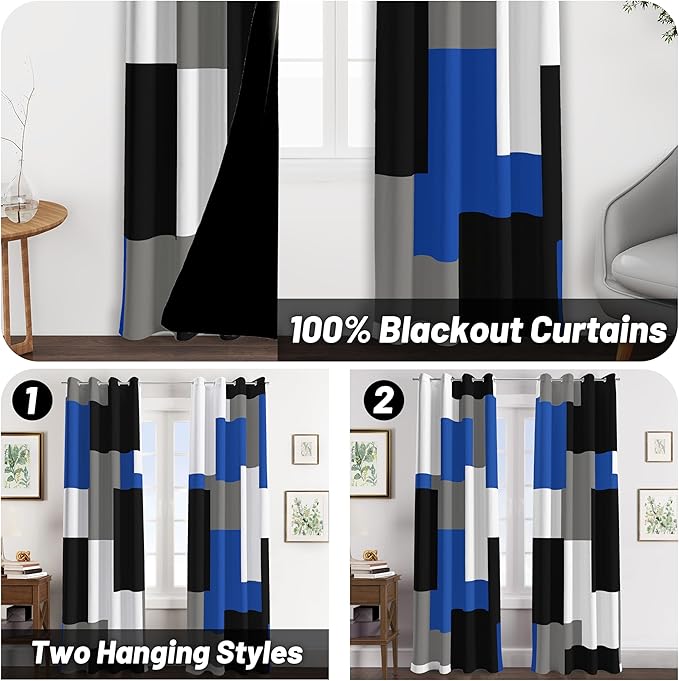 Royal Blue 100% Blackout Curtains for Bedroom 96 inch Long 2 Panels Set Navy Blue Modern Abstract Black Out Curtains Black Grey Insulated Room Darkening Window Drapes for Living Room, 52Wx96L