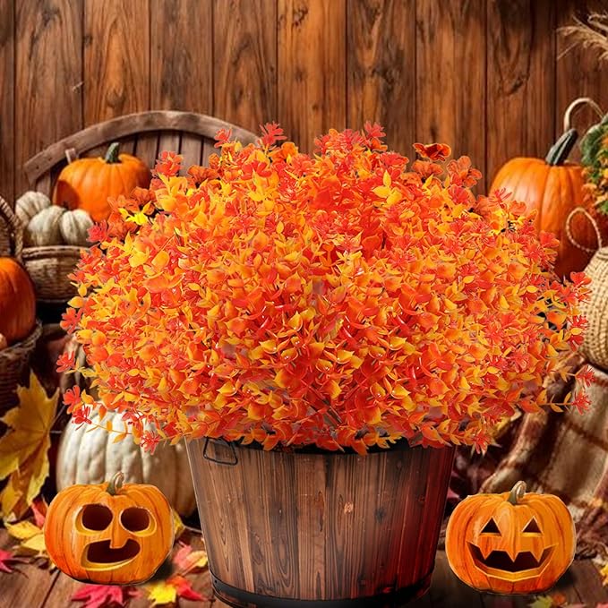 Artificial Fall Flowers for Outdoors, 10 Bundles Artificial Plants UV Resistant Fall Fake Mums Plants for Outside Halloween Christmas Porch Decoration Fall Decor(Orange(Eucalyptus))
