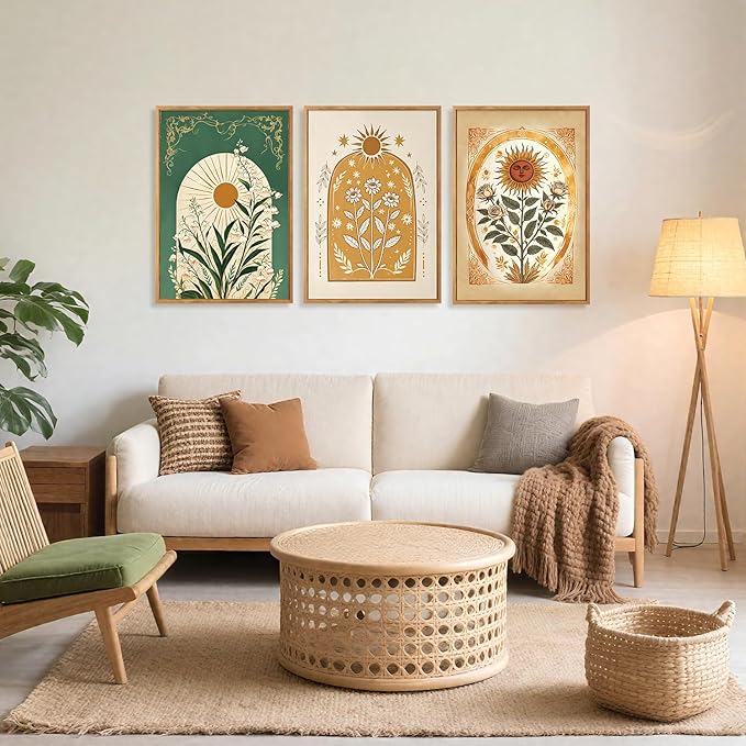 CHDITB Bohemian Sun Floral Framed Canvas Wall Art Set, Mystical Nature Wall Decor, Celestial Sun Art Prints, Vintage India Posters For Wall Modern Art Sunroom Living Room Office Art Prints 24"x36"x3