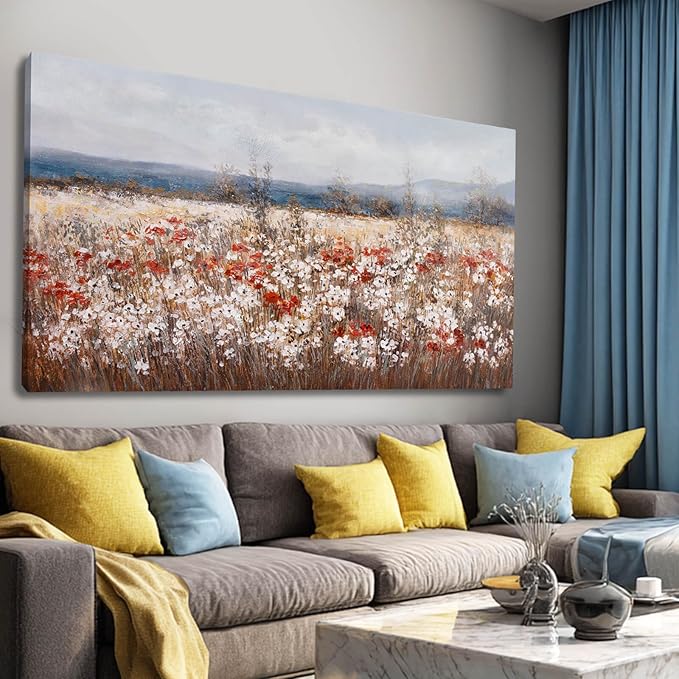 GAIDUOMAI Flowering Shrubs Wall Art Vintage Botanical Painting Red and White Floral Canvas Art for Bedroom Kitchen Office Wall Decor 24"x48" Ocean Decoration