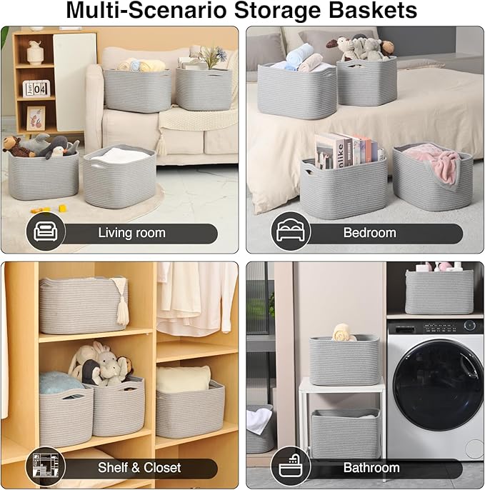 Storage Baskets for Organizing & Shelves, Woven Cotton Rope Organization Bins for Dog Toys, Clothes, Books, Nursery Organizer, 15" Lx11 Wx9.5 H, (4 Packs) Grey