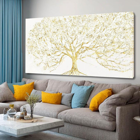 Big Gold Tree Wall Prints Framed Canvas Picture Neutral Wall Decor 29"x58" White and Gold Abstract Wall Art for Living Room Bedroom Dining Room