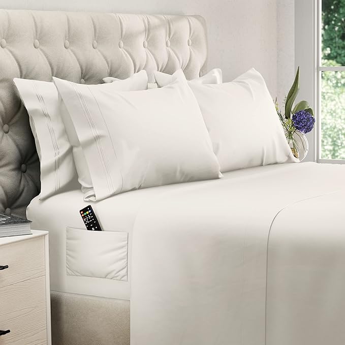 DREAMCARE King Size Sheets Set – 6 pcs Cooling Bed Sheets – up to 21” Deep Pocket King Sheet Set – 2500 Supreme Collection – Extra Soft 100% Brushed Microfiber Hotel Luxury with Side Pocket – Ivory