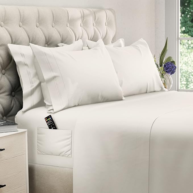 DREAMCARE King Size Sheets Set – 6 pcs Cooling Bed Sheets – up to 15” Deep Pocket King Sheet Set – 2500 Supreme Collection – Extra Soft 100% Brushed Microfiber Hotel Luxury with Side Pocket – Ivory