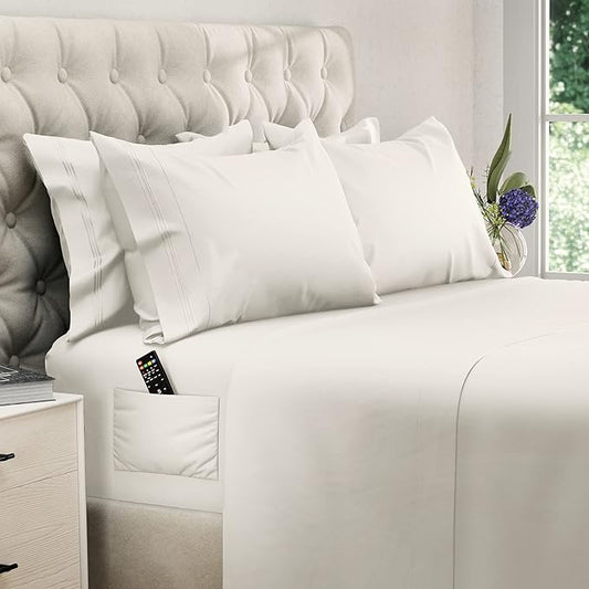 DREAMCARE King Size Sheets Set – 6 pcs Cooling Bed Sheets – up to 15” Deep Pocket King Sheet Set – 2500 Supreme Collection – Extra Soft 100% Brushed Microfiber Hotel Luxury with Side Pocket – Ivory