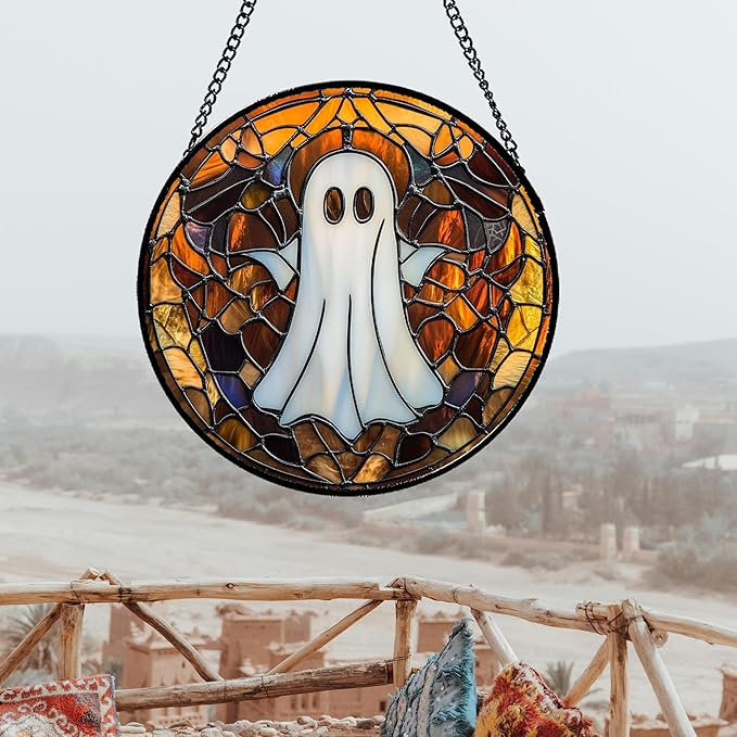 Stained Glass Window Hanging Halloween White Horror Ghost 6.3" - Suncatcher Door Garden Kitchen Sun Catcher Home Gothic Decor Birthday for Mom Men Woman Friend Grandma