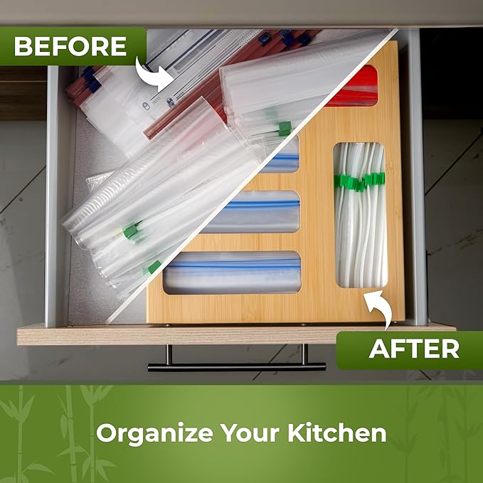 Bamboo Storage Bag Organizer, 9 in 1 Sandwich Bag Organizer, Aluminum Foil and Plastic Wrap Organizer with Labels Included. Baggie Organizer for drawer, Compatible with Gallon, Quart, Snack size bags