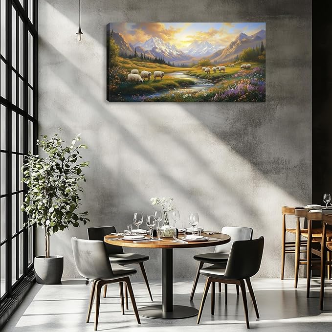 Kuiluuye Large Mountains Rivers Wall Art Wildflowers Rural Landscape Wall Art Painting Pictures Canvas Art Prints Countryside Wall Decor for Bedroom Farmhouse Living Room 60L x 30W