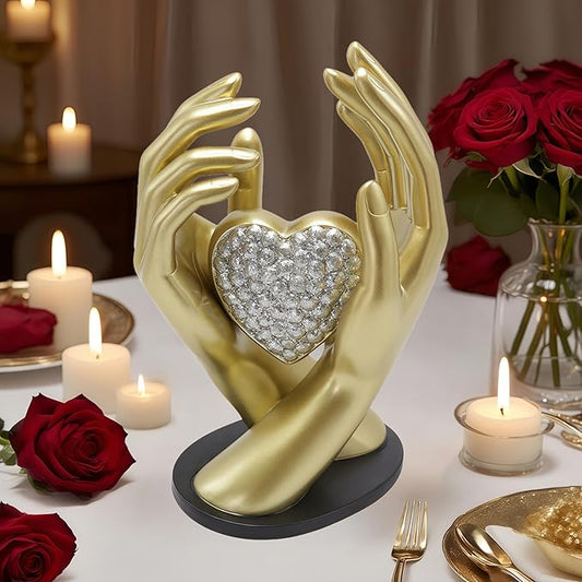 Gold Heart Hands Sculpture Modern Aesthetic Decoration Accents Figurines Home Decor Gold Love Heart Statue Decor for Living Room Bedroom Shelf Office Table Women Girl Wedding Anniversary Couple Gift