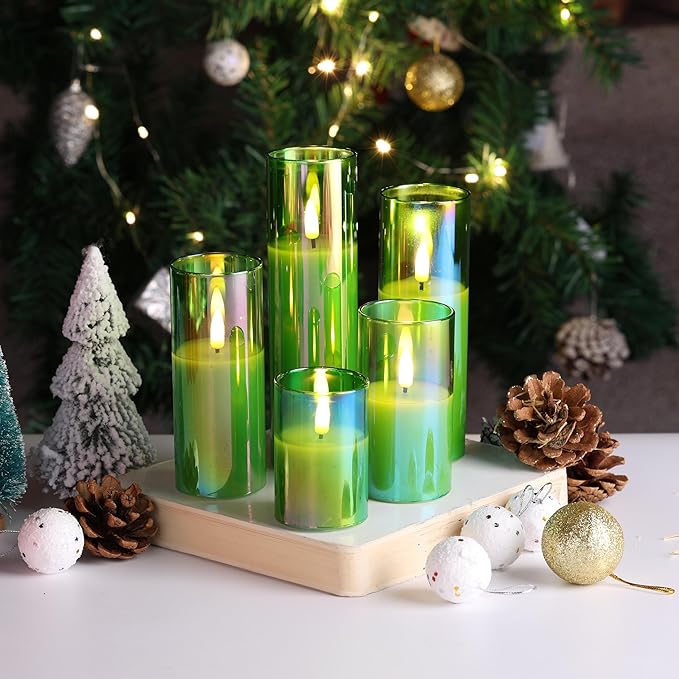 Eywamage Green Glass Flameless Candles with Remote Batteries, Flickering Slim Tall LED Pillar Votive Candles Set of 5