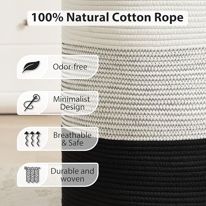 Fiona's magic Cotton Rope Laundry Hamper, Tall Woven Laundry Basket Storage, Baby Nursery Hamper for Blankets, Toys and Clothes Hamper for Bedroom and Living Room Organizing, 72L, Black & White