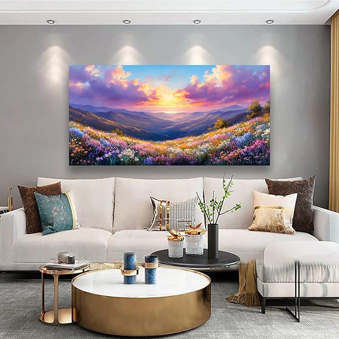 Purple Oil Painting Landscape Wall Art Bedroom Wall Decor Living Room,Purple Abstract Clouds Canvas Wall Art Office Artwork Modern Colorful Flowers Mountain Scenery Wall Art Prints Pictures 20 * 40in