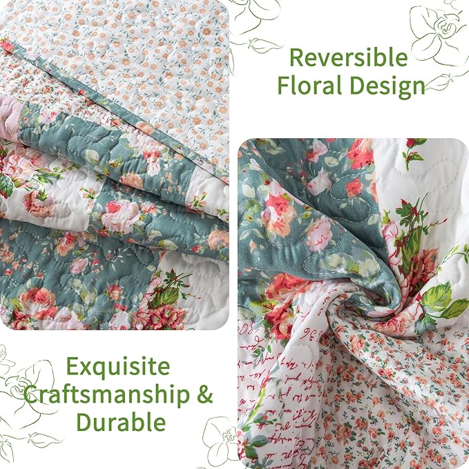 VAPUTAR Queen Size Quilt Set - Reversible Floral Queen Size Bedspreads with Wavy Edges - Lightweight Farmhouse Queen Quilt Bedding Sets for Bed Decorations, 3 Pieces
