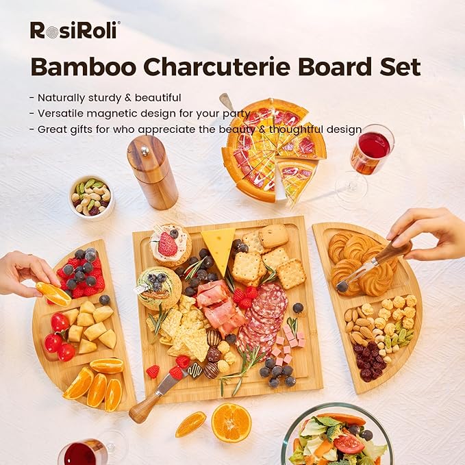 Charcuterie Board and Serving Set -Natural Bamboo Cheese Board Snack Tray Set with Magnetic - House Warming Gifts New Home, Wedding Gift for Couple, Bridal Shower Gift, Perfect for Party