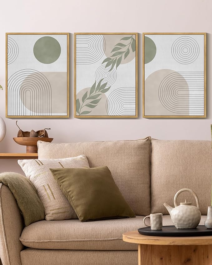 KUVIOKE Green Boho Framed Wall Art Modern Botanical Wall Printing Neutral Geometric Bohemain Sage Decor Ready to Hang 12x16in (Natural Framed)